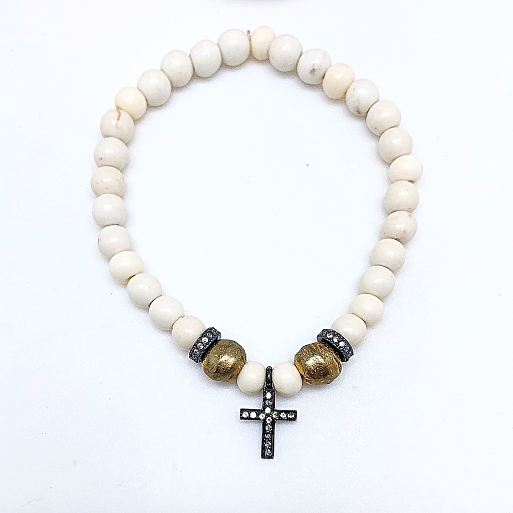 Pave White Topaz Cross Cream & Gold Bead Bracelet